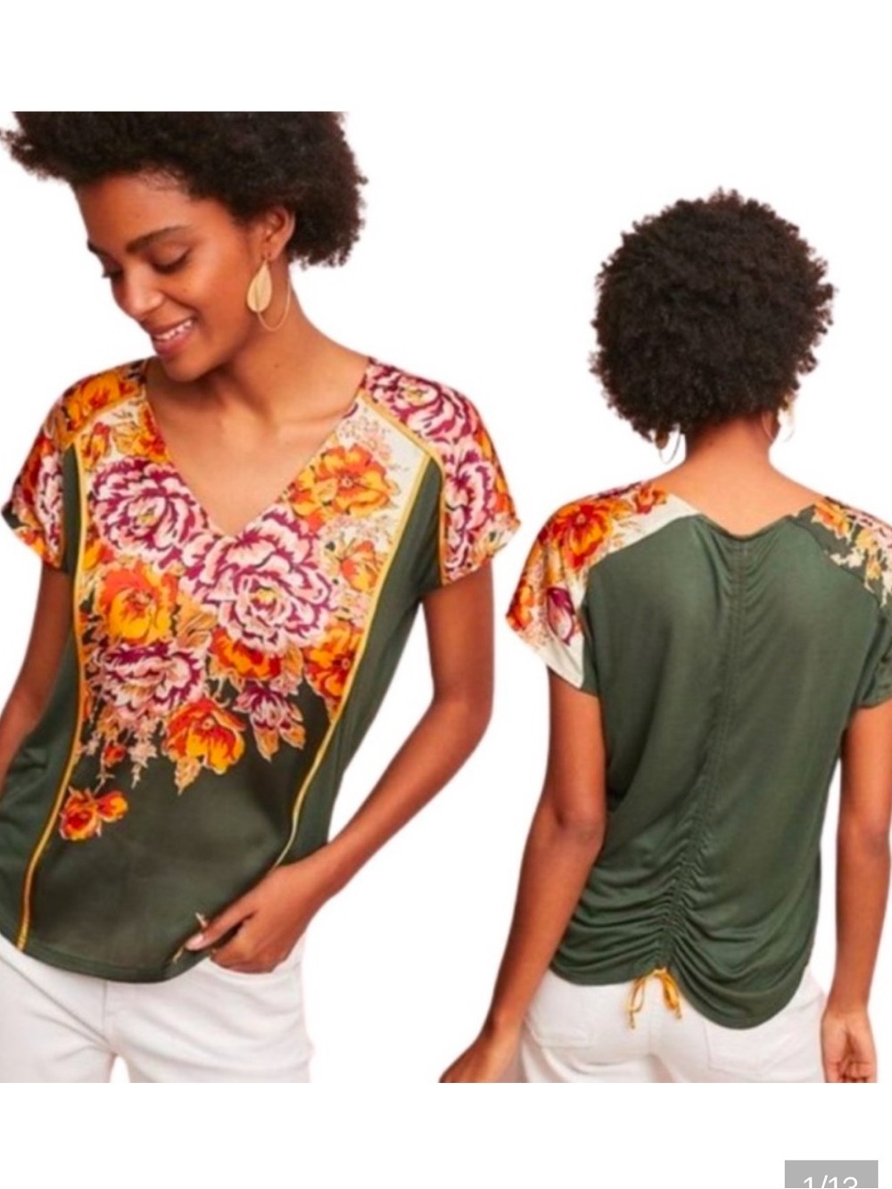 Anthropologie TINY Olive Green Floral V-Neck Ruched Back Top Small